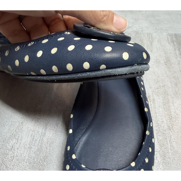 Tory Burch Ballet Flats Womens 7 Navy Polka Dot Leather Logo Round Toe Slip On - Picture 11 of 14